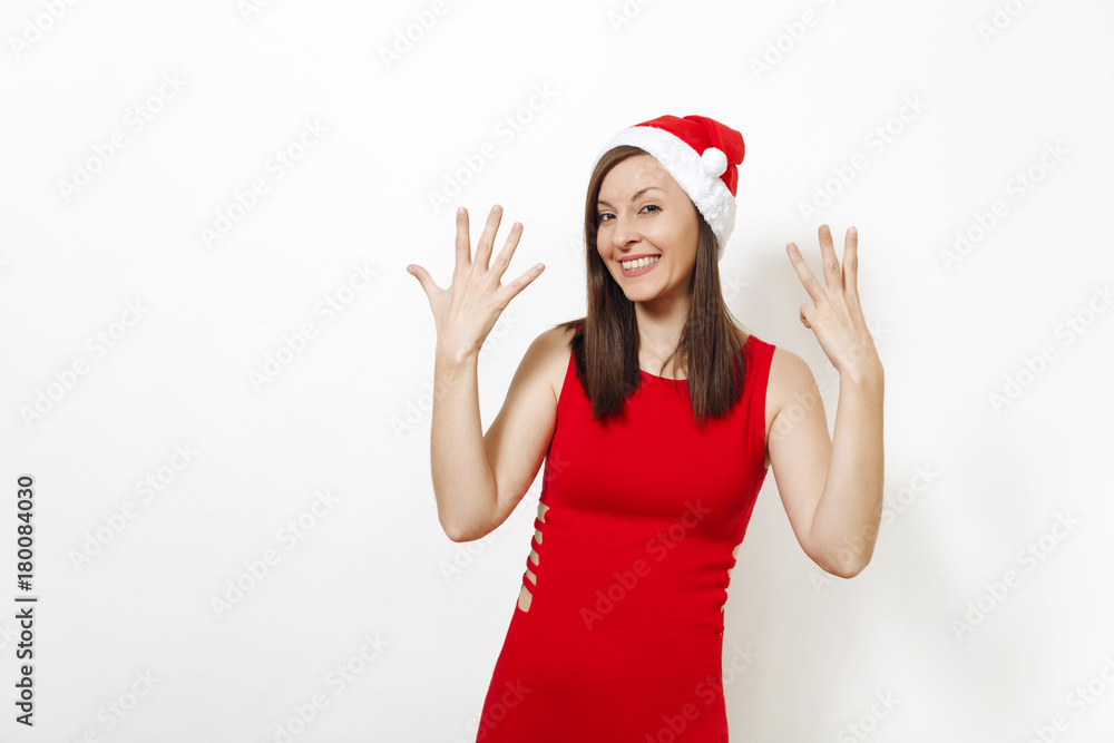 Beautiful caucasian young happy woman with charming smile wearing red dress and Christmas hat showing thumbs eight on white background. Santa girl isolated portrait. New Year holiday 2018 concept Beautiful caucasian young happy woman with charming smile wearing red dress and Christmas hat showing thumbs eight on white background. Santa girl isolated portrait. New Year holiday 2018 concept