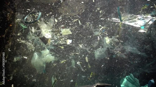 Plastic garbage and other debris floating underwater. Marine pollution. Plastic debris in the water, killing wildlife. Black Sea, Bulgary