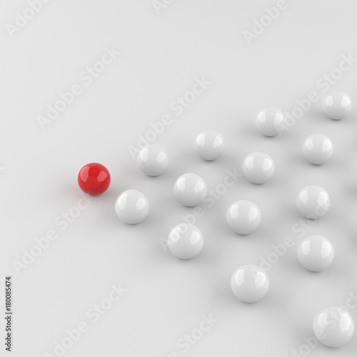 Leadership concept, red leader ball, standing out from the crowd of white balls, on white background. 3D rendering.