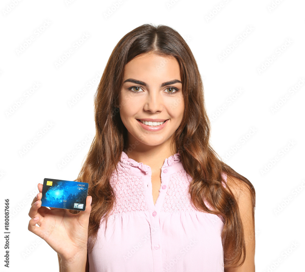Young woman with credit card on white background Young woman with credit card on white background