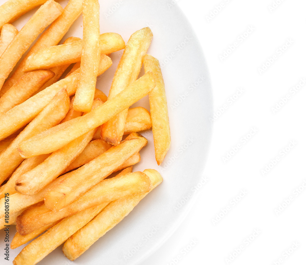 Plate with yummy french fries on white background Plate with yummy french fries on white background