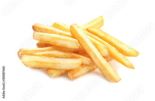 Yummy french fries on white background