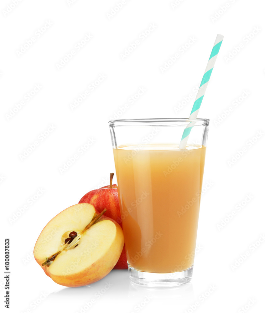 Glass with fresh apple juice on white background Glass with fresh apple juice on white background
