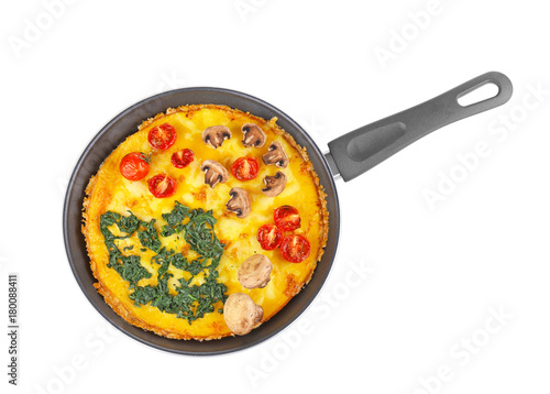 Tasty frittata with spinach on white background