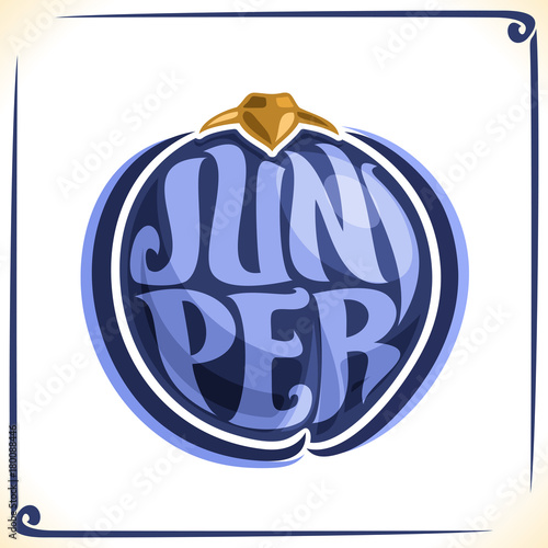 Vector logo for Juniper, label with one whole juniperus communis berry for package of gin drink, price tag with original font for word juniper inscribed in fruit shape, sticker for vegan grocery store