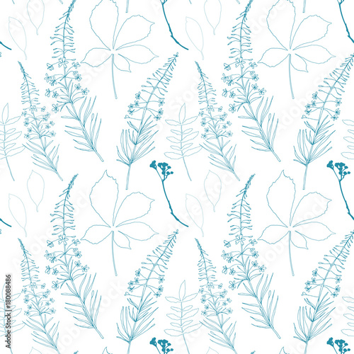 Floral vector seamless pattern with different hand drawn leaves, wild flowers...