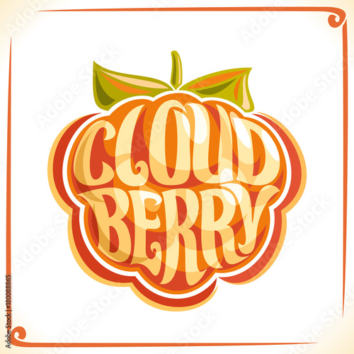 Vector logo for Cloudberry, label with one karelian berry for package of fresh juice or ice cream, price tag with original font for word cloudberry inscribed in fruit shape, sticker for vegan store.