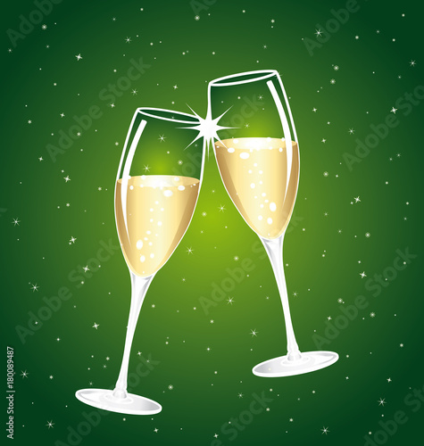 2018 Champaign vector toast. Congratulations or happy new year illustration. Green starry festive background.