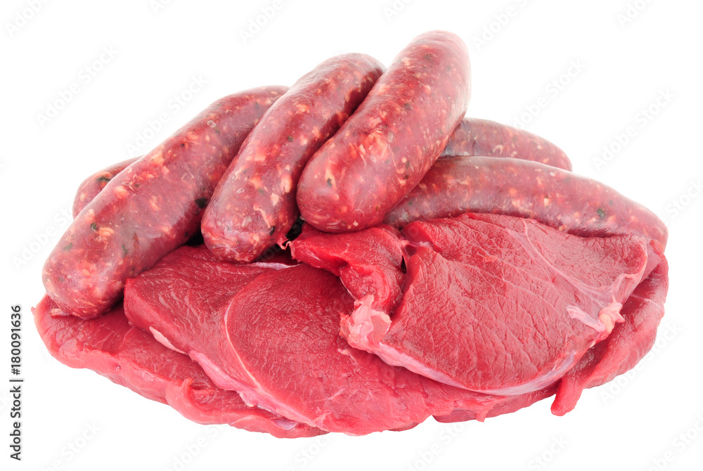 Raw venison meat steaks and sausages isolated on a white background Raw venison meat steaks and sausages isolated on a white background