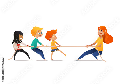 Tug of war competition between children and adult. Smiling multiracial kids and redhead woman pulling opposite ends of rope. Cute cartoon characters isolated on white background. Vector illustration.