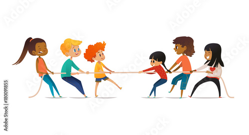 Excited boys and girls pulling rope. Tug of war competition between two children teams. Concept of sports activity for kids. Funny cartoon characters isolated on white background. Vector illustration.