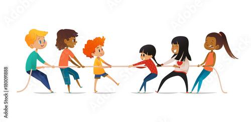 Tug of war contest between boys and girls. Two groups of children of different sex pulling opposite ends of rope. Concept of gender equality among kids, team sports. Vector illustration for banner.