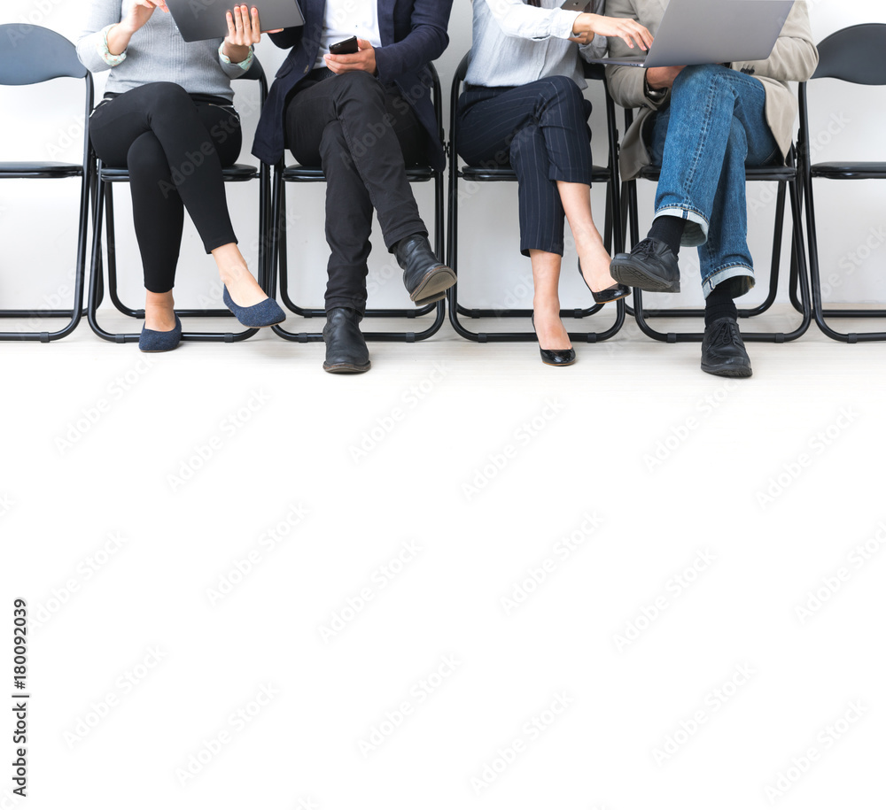 Fototapeta premium Sitting men and women using smart phone.