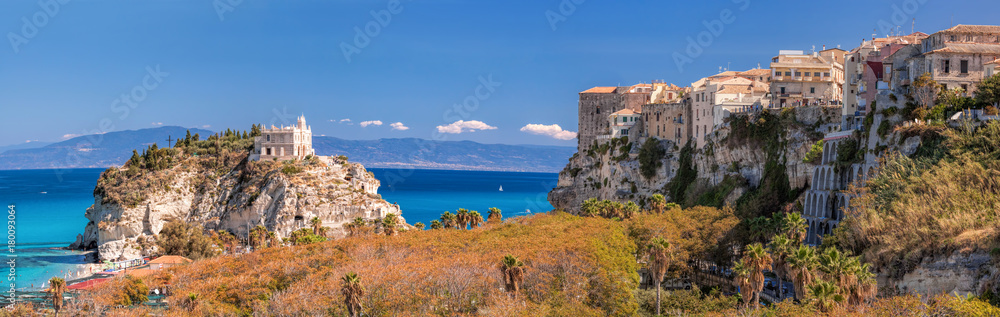Panorama of Santa Maria dell'Isola Church with Tropea town in Calabria, Italy