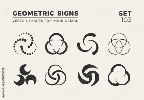Set of eight minimalistic trendy shapes. Stylish vector logo emblems for Your design. Simple geometric signs collection.