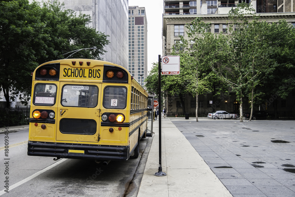 Obraz premium American school bus parked in the streets of Chicago (horizontal)