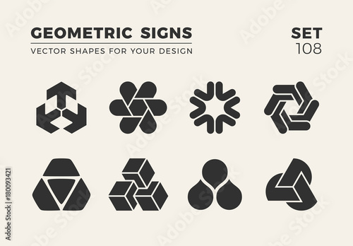 Set of eight minimalistic trendy shapes. Stylish vector logo emblems for Your design. Simple geometric signs collection.