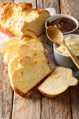 Εκτύπωση καμβά French brioche bread and cream mascarpone cheese, chocolate cream close-up