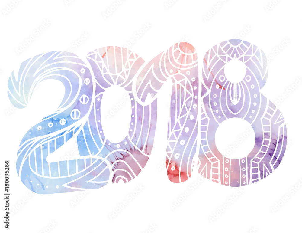 Doodle number 2018 with boho pattern and watercolor background with splashes. New year. Vector element for your creativity