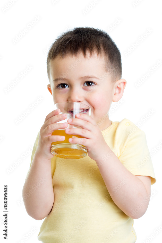 Happy little boy drinking fresh juice, isolated on white background Happy little boy drinking fresh juice, isolated on white background