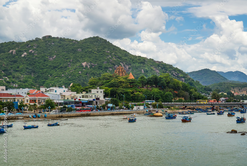 view of the Cham Tower, the Kai River, the mountains, Nha Trang, Vietnam
