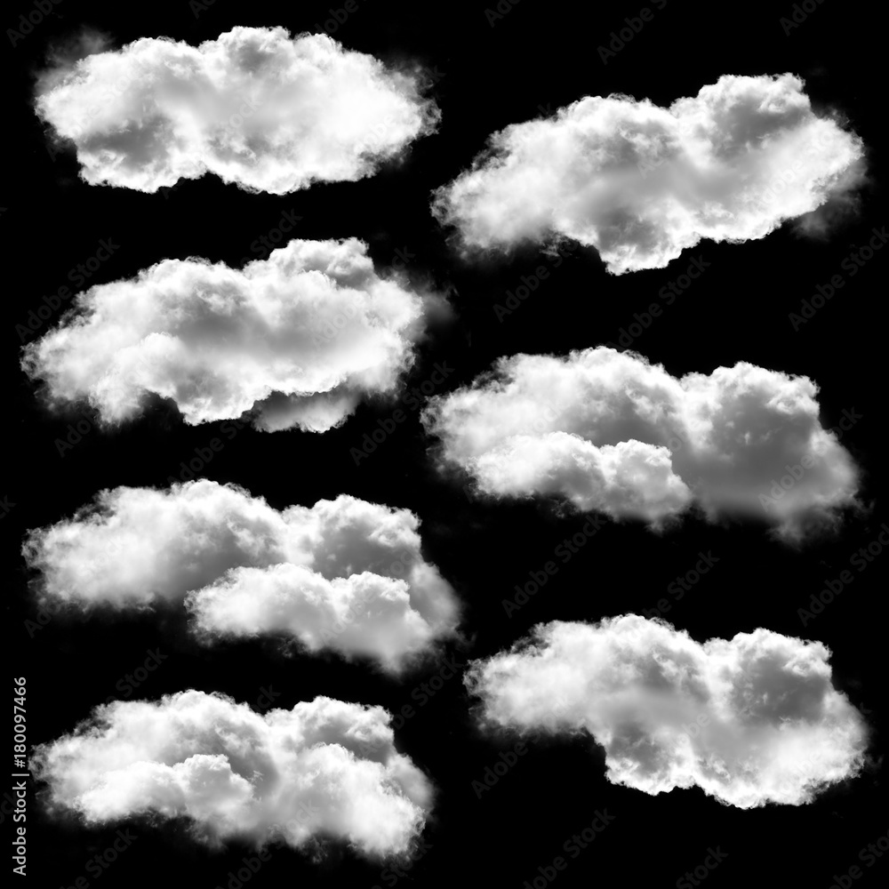 White clouds collection isolated over black background, 3D illustration White clouds collection isolated over black background, 3D illustration