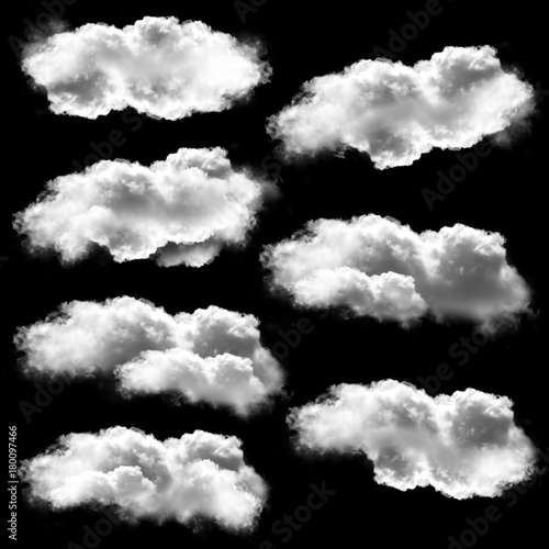 White clouds collection isolated over black background, 3D illustration