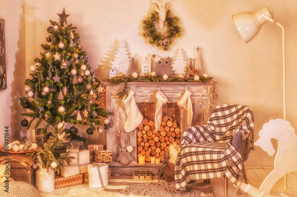 Christmas shining tree with decorations, tinsel, star, balls. Interior in vintage style. New year holidays. Christmas shining tree with decorations, tinsel, star, balls. Interior in vintage style. New year holidays.