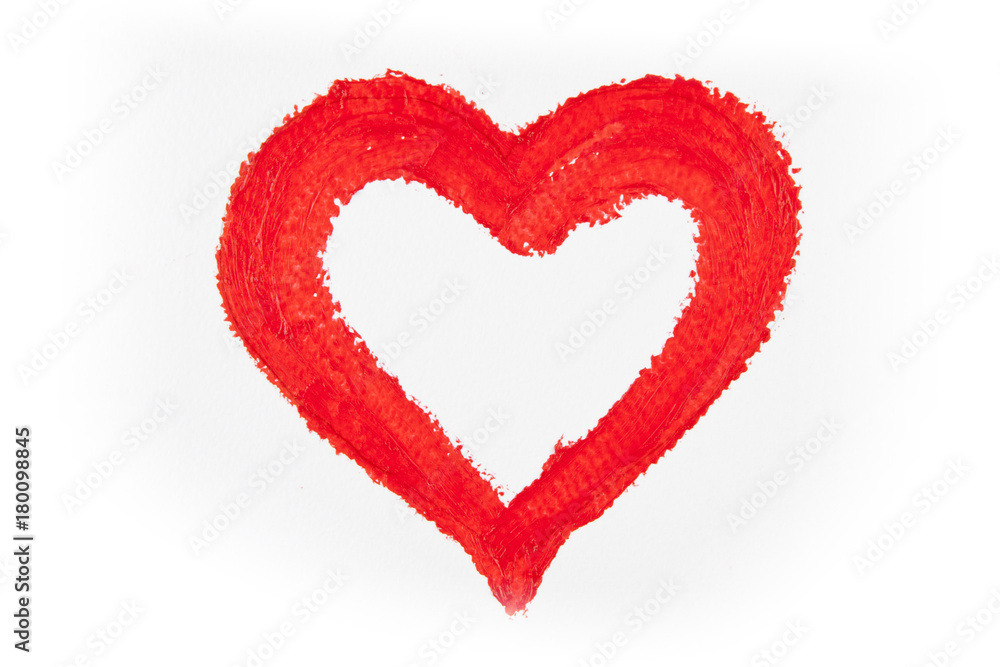 Close up of red heart shape on white background.