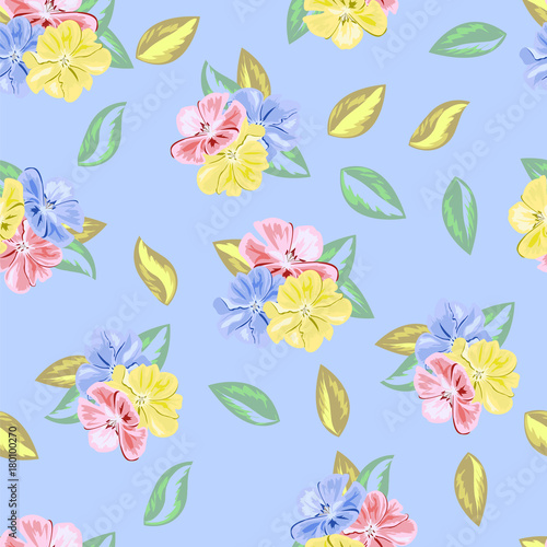 Vintage seamless pattern with cute pink, yellow and blue flowers. Hand-drawn floral background for textile, cover, wallpaper, gift packaging, printing.Romantic design for calico.