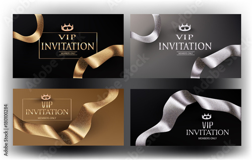 Set of gold and silver invitation cards with curly ribbons. Vector illustration