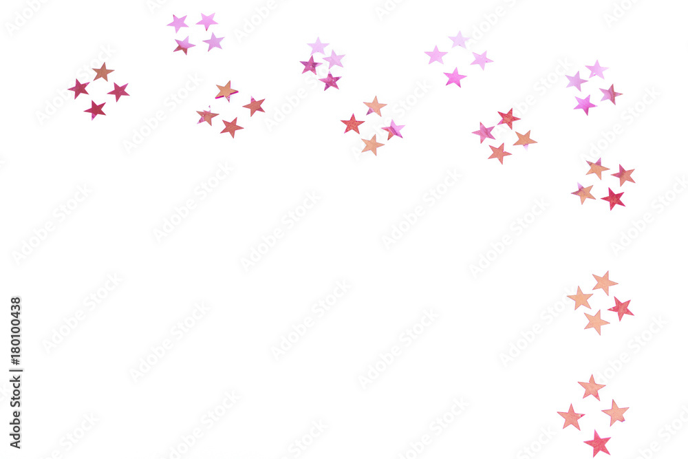 Colorful shiny stars on a white background, copy space