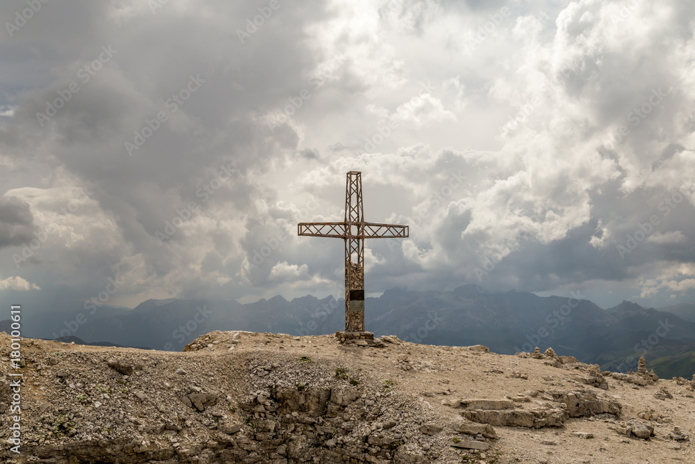 cross on mauntain top. Passo Pordoi. Dolomites Alps. South Tyrol. Italy
