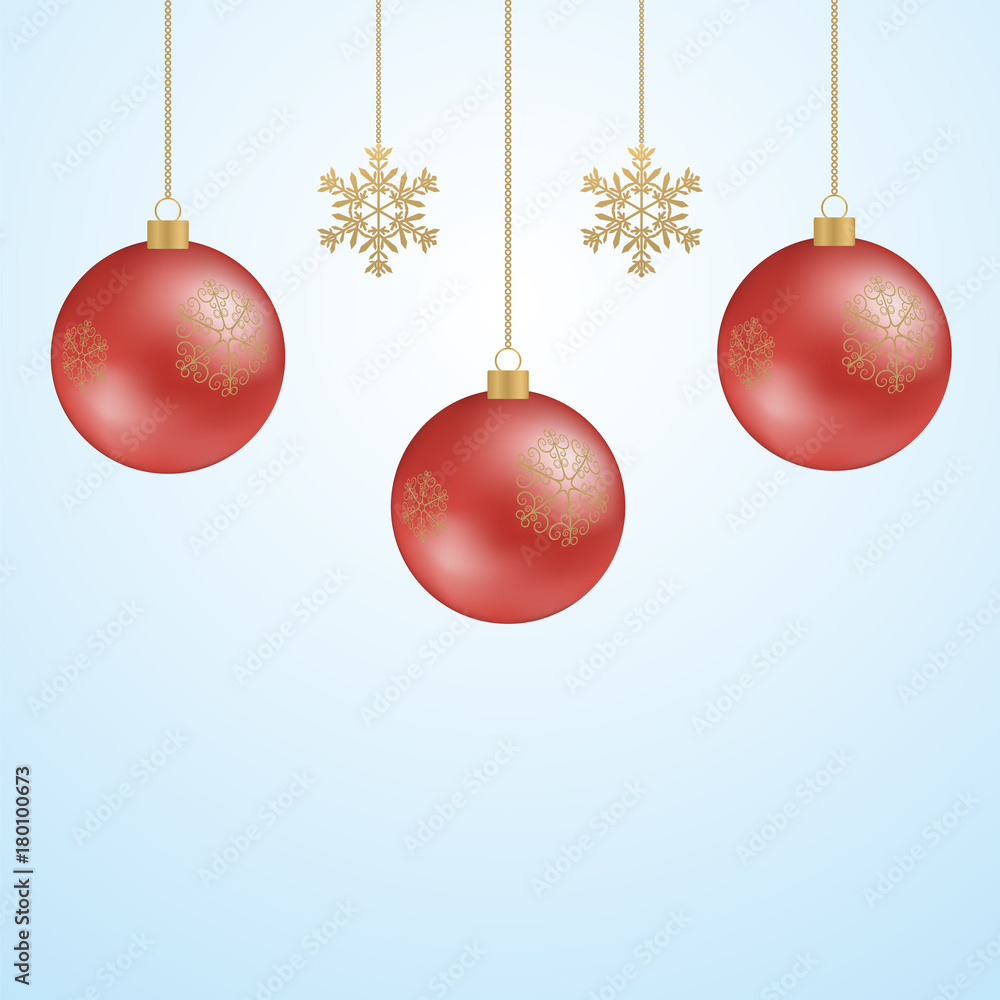 Hanging balls and golden snowflakes. Great for postcards, banners, flyers, headlines. Vector illustration.