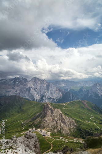 Cloudy day in Italian Dolomites Alps. Beautiful mauntain landscape. Passo Pordoi. South Tyrol. Italy