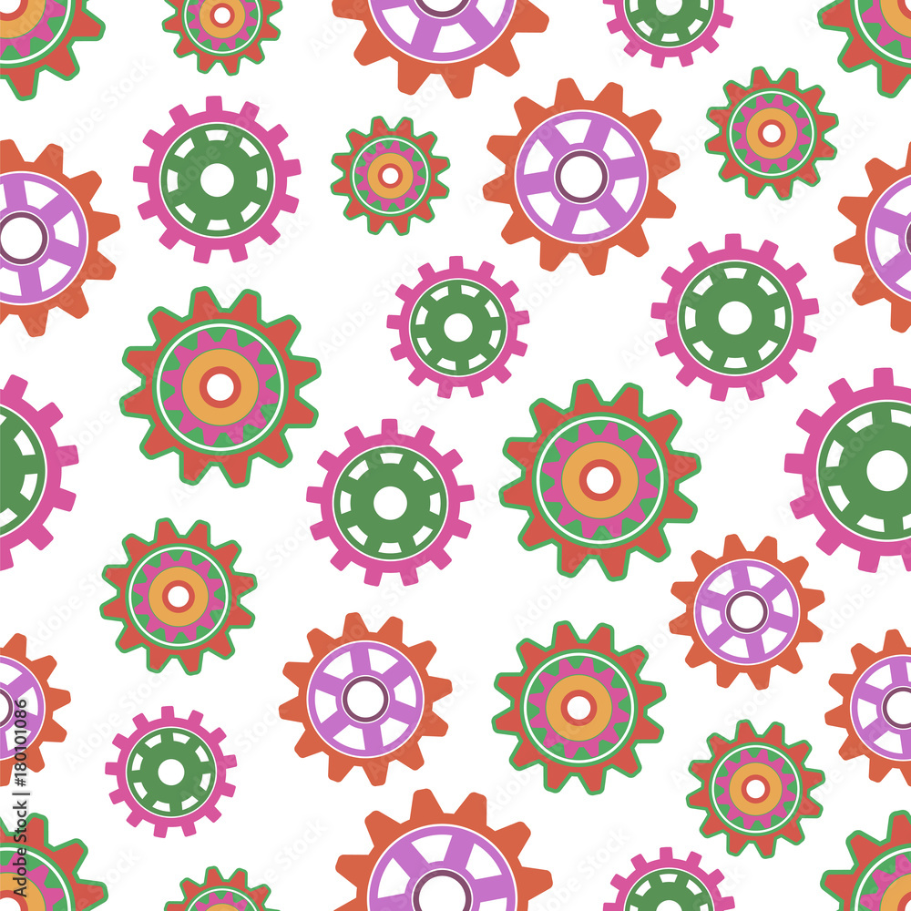 Seamless gear pattern. Colorful gears on a white background. Vector illustration. Seamless gear pattern. Colorful gears on a white background. Vector illustration.