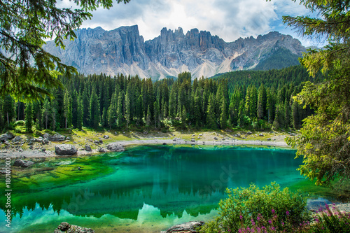 Carezza lake (Lago di Carezza, Karersee) in Dolomites Alps. South Tyrol. Italy photo