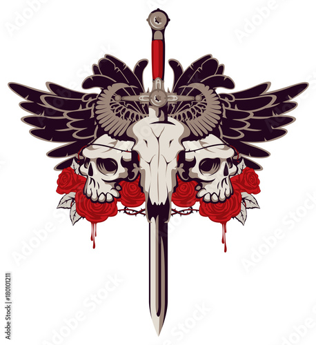 Vector emblem with a skull of a bull pierced by a sword and two human skulls with barbed wire on the background of a pentagram and red roses with drips of blood.