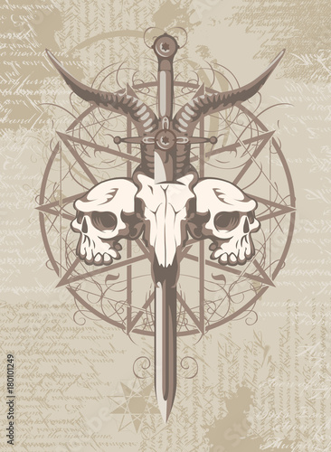 Vector emblem with a skull of a goat pierced by a sword and two human skulls and pentagram on the background of manuscripts