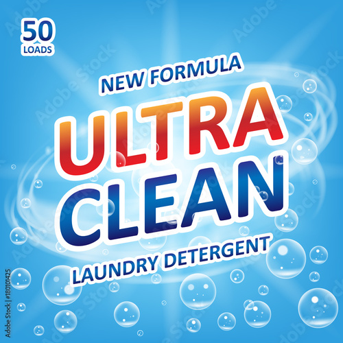 Ultra clean Soap design product. Template for laundry detergent with bubbles on blue. Package design for Liquid Detergents or Washing Powder. Vector illustration