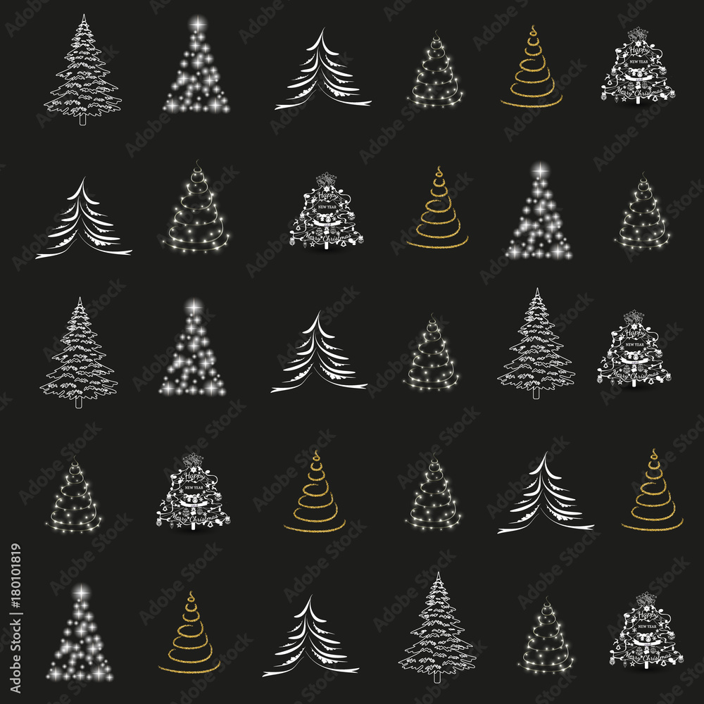 Seamless pattern. Christmas tree. Vector illustration, eps10. Trendy black and golden fir-trees isolated on white background. Design for print, web, greeting cards. Seamless pattern. Christmas tree. Vector illustration, eps10. Trendy black and golden fir-trees isolated on white background. Design for print, web, greeting cards.