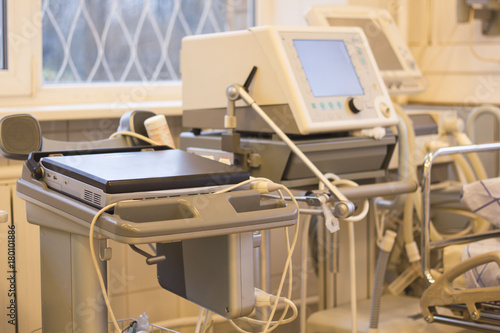 medical equipment in intensive care  an ultrasound machine  apparatus ventilator