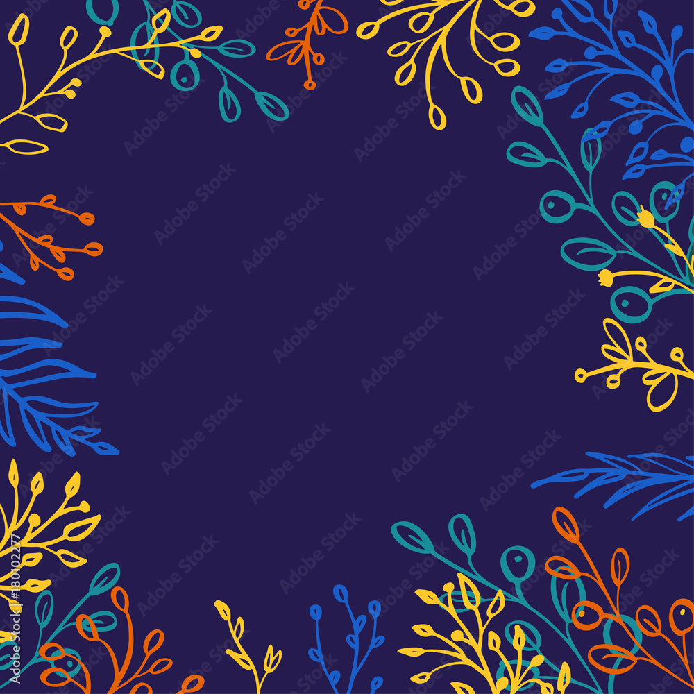 Herbal mix square vector frame. Hand painted plants, branches, leaves, succulents and flowers on dark blue background. Natural card design Herbal mix square vector frame. Hand painted plants, branches, leaves, succulents and flowers on dark blue background. Natural card design