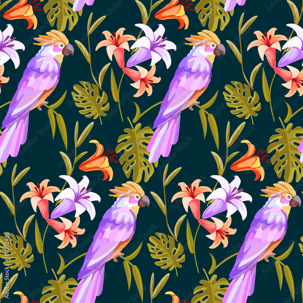 Cockatoo parrot seamless pattern tropical background.