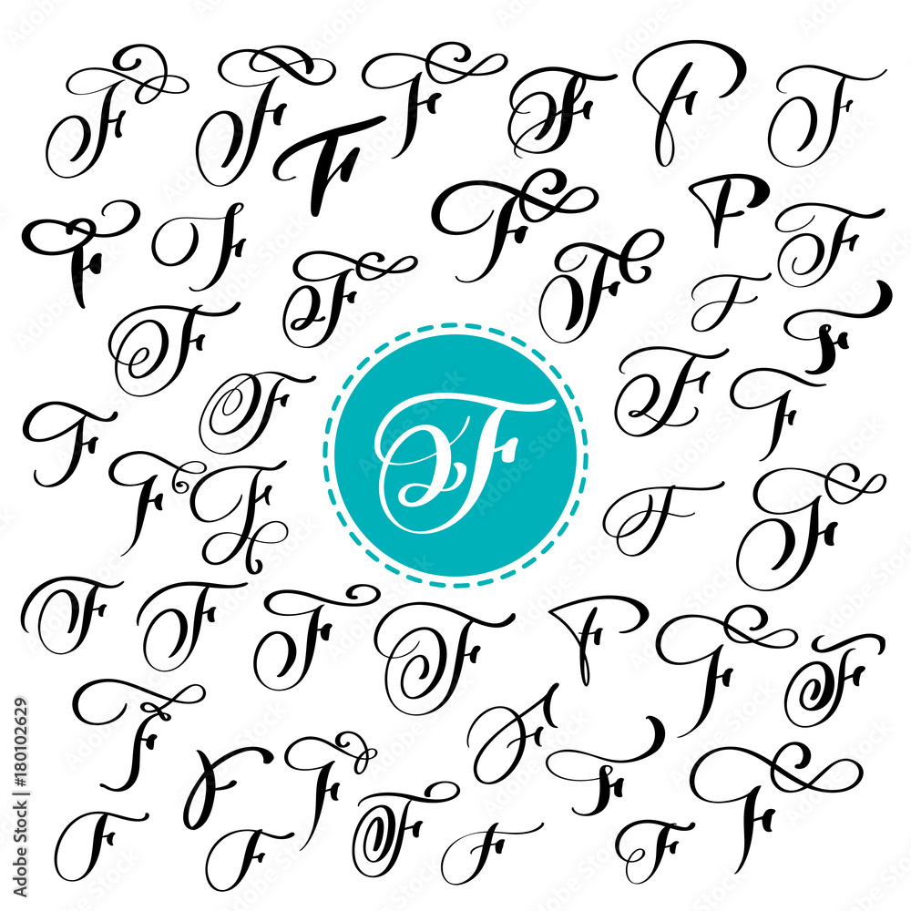 Stockvector Set of Hand drawn vector calligraphy letter F. Script font.  Isolated letters written with ink. Handwritten brush style. Hand lettering  for logos packaging design poster. Typographic set on white | Adobe