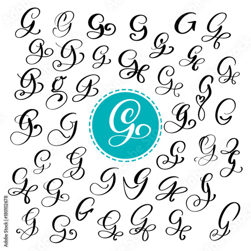 Set of Hand drawn vector calligraphy letter G. Script font. Isolated letters written with ink. Handwritten brush style. Hand lettering for logos packaging design poster. Typographic set on white