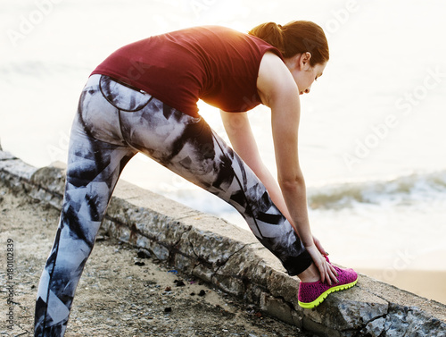 Stretching Exercise Training Healthy Lifestyle Beach Concept