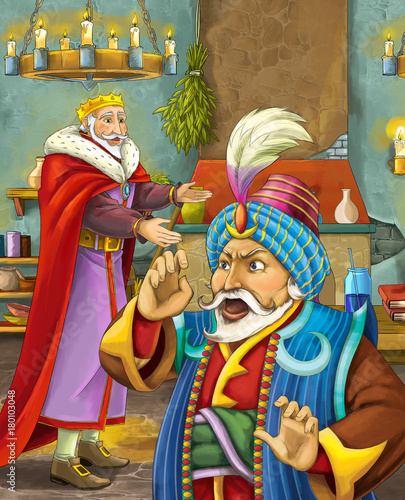 cartoon scene with two kings talking in castle kitchen - illustration for children 