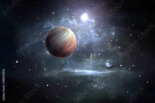 Fototapeta Naklejka Na Ścianę i Meble -  Exoplanets or Extrasolar planets with stars on background nebula, 3D illustration