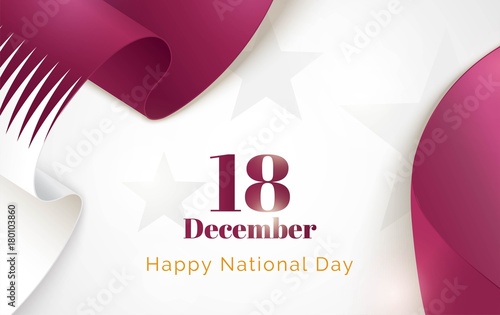 18 December. Qatar National Day background in national flag color theme. Celebration banner  with curving flags and text. Vector illustration